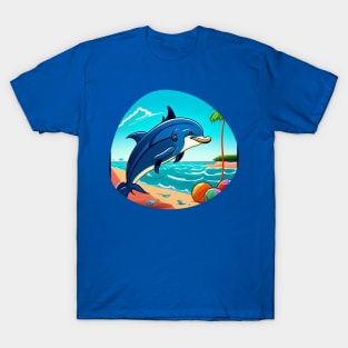 Happy blue dolphin playing on the beach T-Shirt